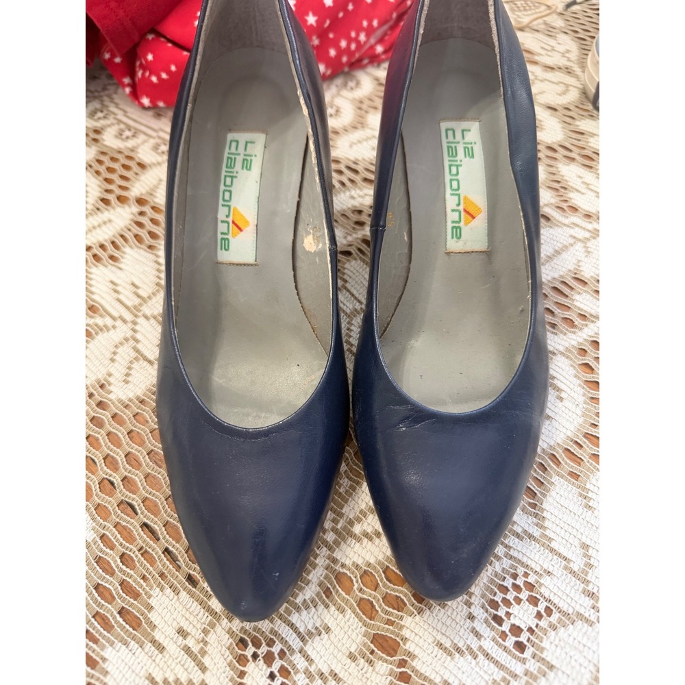 Vintage Liz Claiborne Navy Blue Leather Kitten Heel Pumps Snakeskin Detail 8M